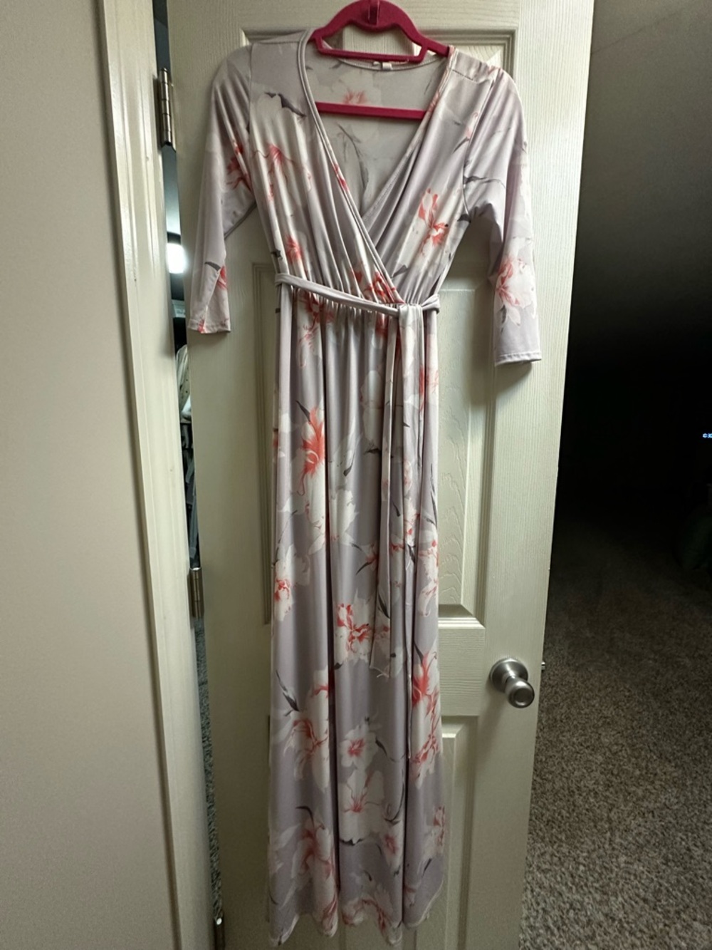 Pinkblush Light Gray Floral Wrap Maxi Dress with Pink Blossoms small